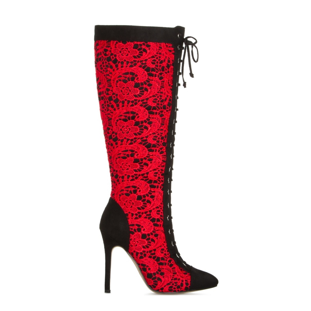 Madison by Shoe Dazzle Red Lace Pointed Toe Lace-Up Heel Boots Size 7.5